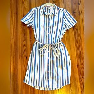 JCrew Striped Button Down Belted Shirt Dress with Pockets 100% Cotton Sz 8